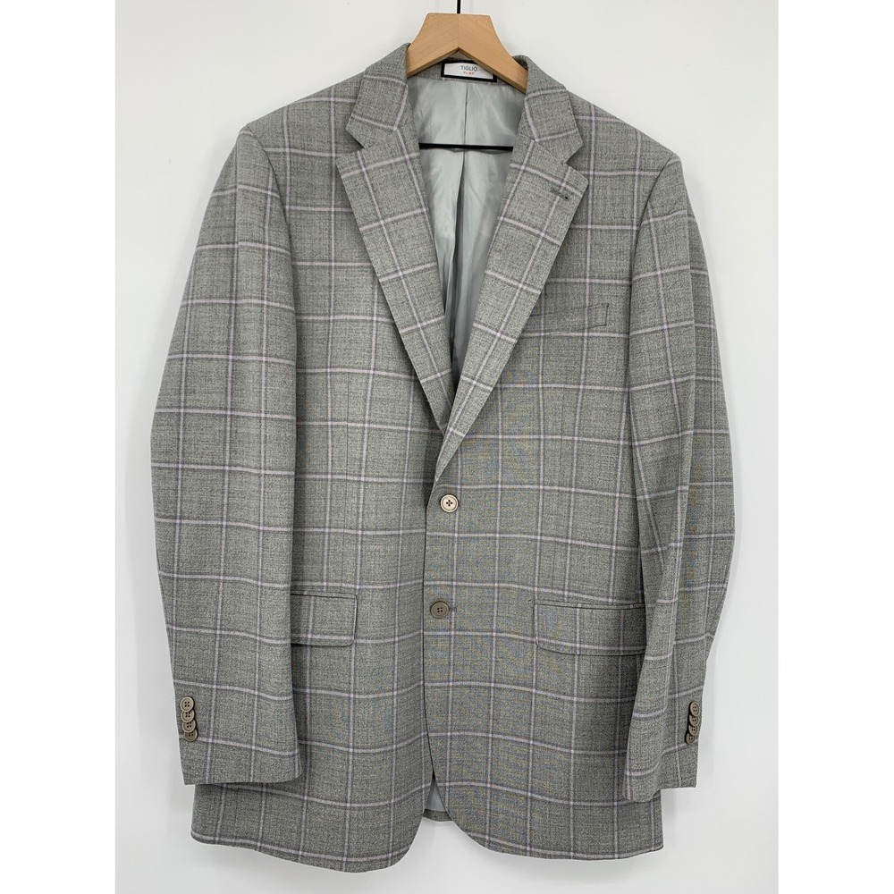Tiglio Blazer Mens 42L Gray Plaid Wool Stretch Flex Two Button Sport Coat Capri